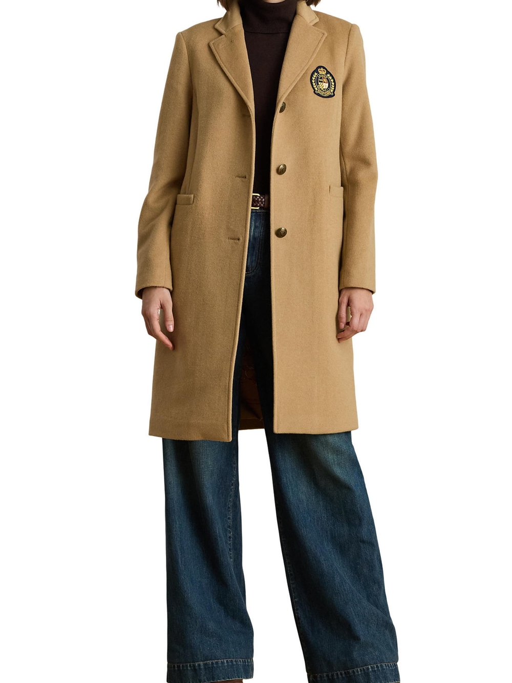 Polo by Ralph Lauren Camel Single-Breasted Crest Patch Coat